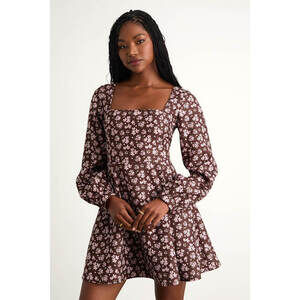 Lulus Daily Affection Brown Floral Mini Dress With Pockets - Size S